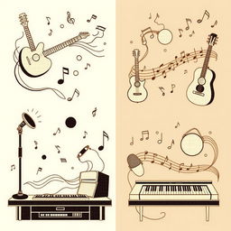 A series of surrealism-inspired line art designs for pyrography that creatively intertwine elements of music and a music studio
