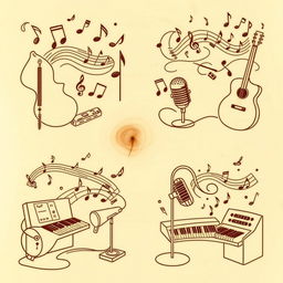 A series of surrealism-inspired line art designs for pyrography that creatively intertwine elements of music and a music studio