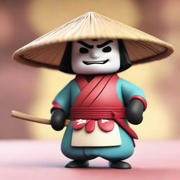 This is a Pixar-style 3D render of a ronin samurai, donned in traditional attire with a rice hat