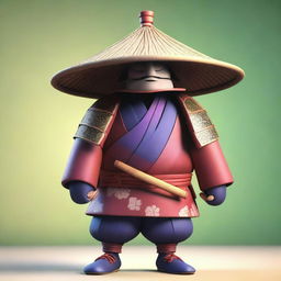 This is a Pixar-style 3D render of a ronin samurai, donned in traditional attire with a rice hat