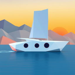 A contemporary boat constructed entirely from geometric shapes, featuring a streamlined, angular hull made of interlocking triangles, circular windows, and a large, rectangular sail
