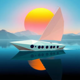 A contemporary boat constructed entirely from geometric shapes, featuring a streamlined, angular hull made of interlocking triangles, circular windows, and a large, rectangular sail
