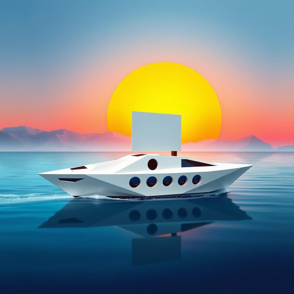 A contemporary boat constructed entirely from geometric shapes, featuring a streamlined, angular hull made of interlocking triangles, circular windows, and a large, rectangular sail