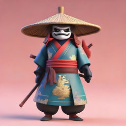 This is a Pixar-style 3D render of a ronin samurai, donned in traditional attire with a rice hat