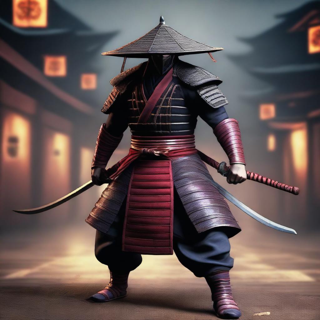 This image is a high-quality, detailed 3D render of a ronin samurai, wearing traditional attire with a rice hat, in the gritty, intense style of Mortal Kombat