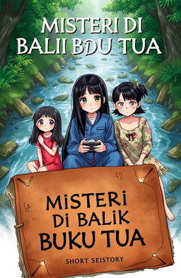 A captivating cover illustration for a short story titled "MISTERI DI BALIK BUKU TUA"