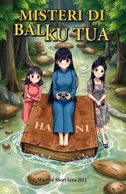 A captivating cover illustration for a short story titled "MISTERI DI BALIK BUKU TUA"