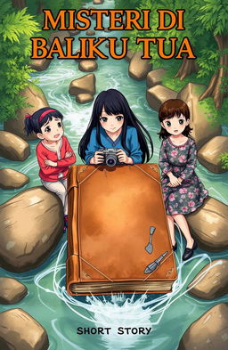 A captivating cover illustration for a short story titled "MISTERI DI BALIK BUKU TUA"