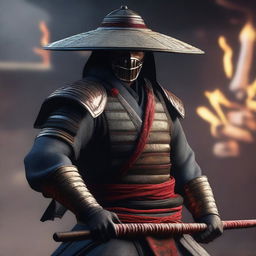 This image is a high-quality, detailed 3D render of a ronin samurai, wearing traditional attire with a rice hat, in the gritty, intense style of Mortal Kombat