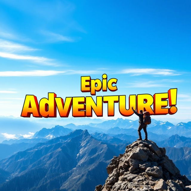 A vibrant and eye-catching YouTube thumbnail design that features bold, colorful text that says 'Epic Adventure!', with a background showcasing a stunning landscape scene of a breathtaking mountain range under a clear blue sky