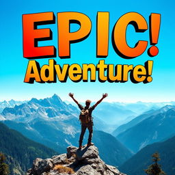 A vibrant and eye-catching YouTube thumbnail design that features bold, colorful text that says 'Epic Adventure!', with a background showcasing a stunning landscape scene of a breathtaking mountain range under a clear blue sky