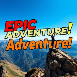A vibrant and eye-catching YouTube thumbnail design that features bold, colorful text that says 'Epic Adventure!', with a background showcasing a stunning landscape scene of a breathtaking mountain range under a clear blue sky