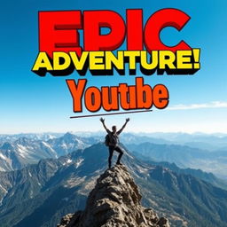 A vibrant and eye-catching YouTube thumbnail design that features bold, colorful text that says 'Epic Adventure!', with a background showcasing a stunning landscape scene of a breathtaking mountain range under a clear blue sky