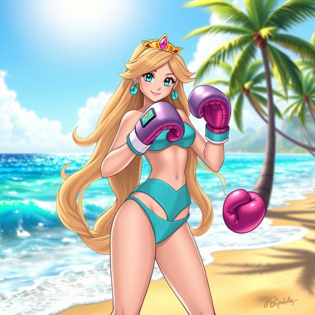 A beautiful princess character inspired by Rosalina, wearing a stylish bikini and boxing gloves, ready for a beach boxing match