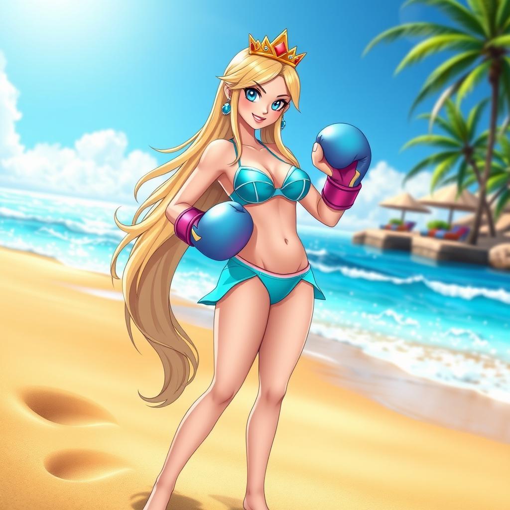 A beautiful princess character inspired by Rosalina, wearing a stylish bikini and boxing gloves, ready for a beach boxing match