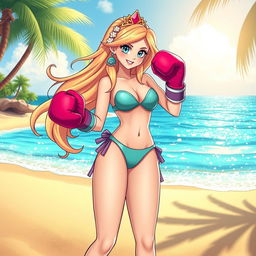 A beautiful princess character inspired by Rosalina, wearing a stylish bikini and boxing gloves, ready for a beach boxing match