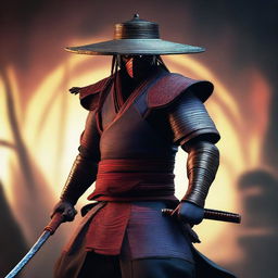 This image is a high-quality, detailed 3D render of a ronin samurai, wearing traditional attire with a rice hat, in the gritty, intense style of Mortal Kombat