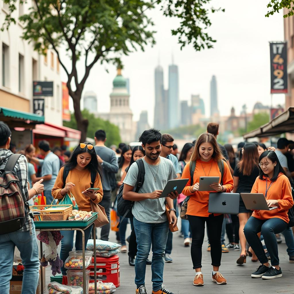 A contemporary street scene showcasing young adults engaging in various entrepreneurial activities such as selling handmade crafts, offering technological services, and utilizing online platforms on their laptops