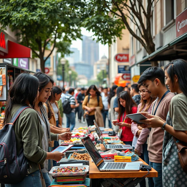 A contemporary street scene showcasing young adults engaging in various entrepreneurial activities such as selling handmade crafts, offering technological services, and utilizing online platforms on their laptops