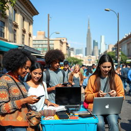 A contemporary street scene showcasing young adults engaging in various entrepreneurial activities such as selling handmade crafts, offering technological services, and utilizing online platforms on their laptops