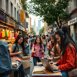 A contemporary street scene showcasing young adults engaging in various entrepreneurial activities such as selling handmade crafts, offering technological services, and utilizing online platforms on their laptops