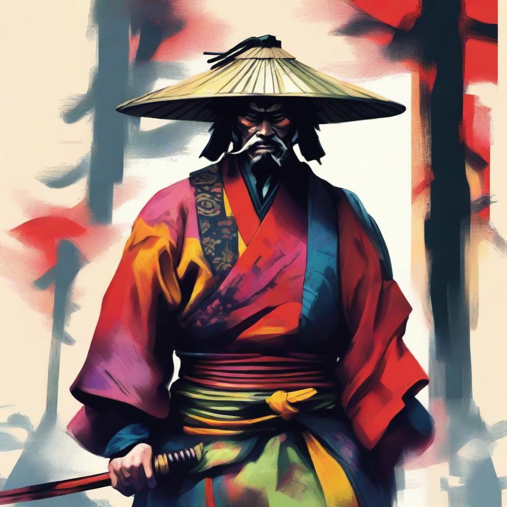 This is a brightly colored, painted image of a ronin samurai in traditional attire with a rice hat