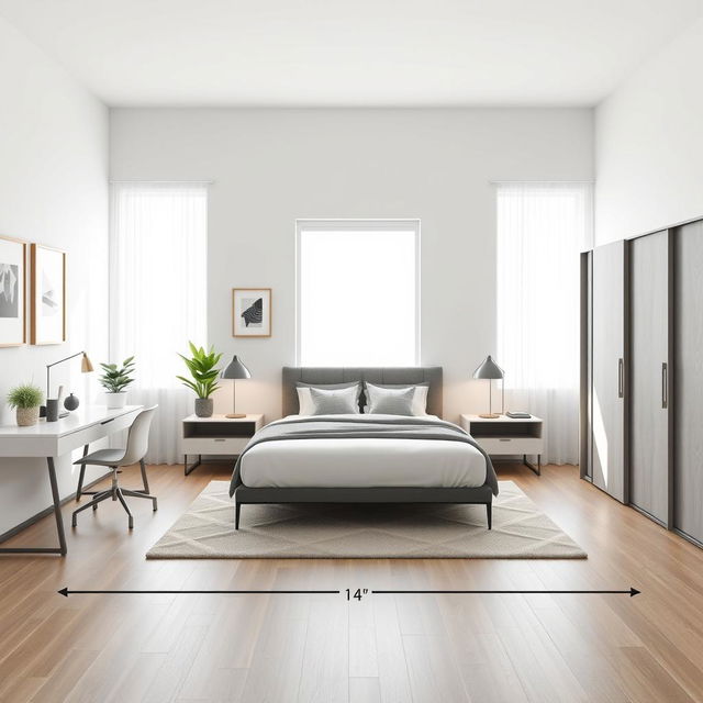 A modern and stylish bedroom layout measuring 13ft x 8ft featuring a Queen-sized bed in the center, flanked by sleek nightstands with contemporary lamps