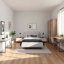 A modern and stylish bedroom layout measuring 13ft x 8ft featuring a Queen-sized bed in the center, flanked by sleek nightstands with contemporary lamps