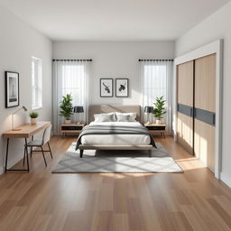 A modern and stylish bedroom layout measuring 13ft x 8ft featuring a Queen-sized bed in the center, flanked by sleek nightstands with contemporary lamps
