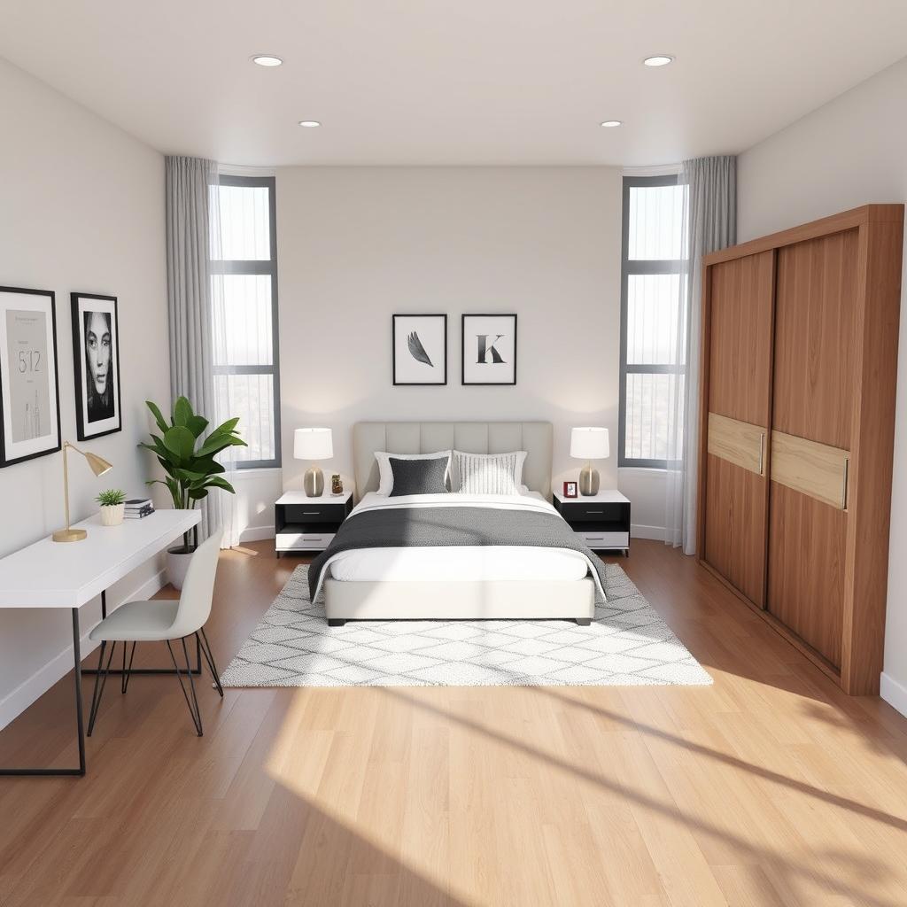 A modern and stylish bedroom layout measuring 13ft x 8ft featuring a Queen-sized bed in the center, flanked by sleek nightstands with contemporary lamps