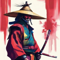 This is a brightly colored, painted image of a ronin samurai in traditional attire with a rice hat