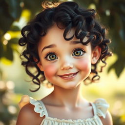 A girl with curly black hair, light skin with subtle freckles scattered across her face