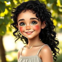 A girl with curly black hair, light skin with subtle freckles scattered across her face