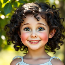 A girl with curly black hair, light skin with subtle freckles scattered across her face