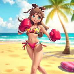 A character inspired by Pomni, in a vibrant beach setting, wearing a colorful bikini while boxing