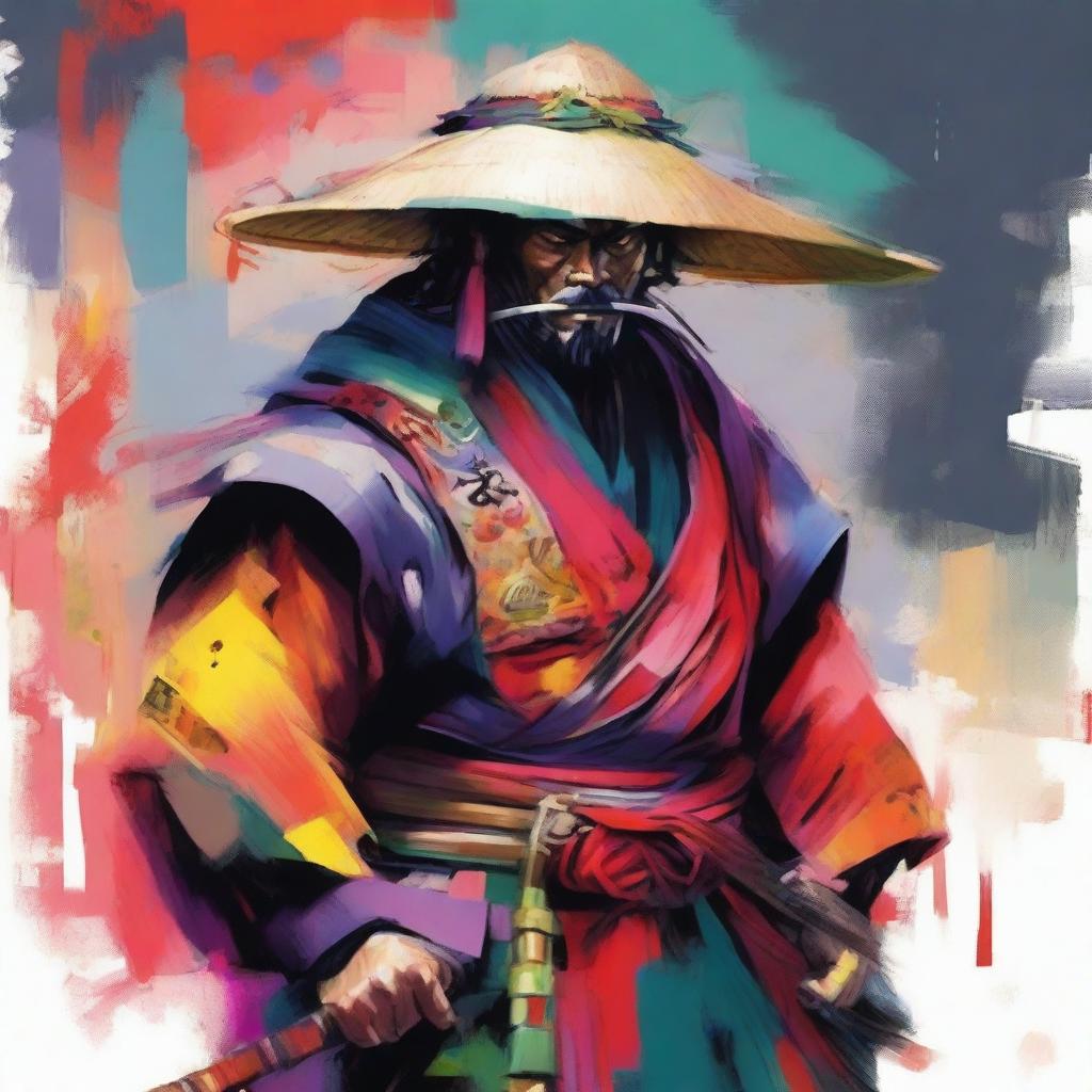 This is a brightly colored, painted image of a ronin samurai in traditional attire with a rice hat