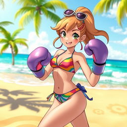 A character inspired by Pomni, in a vibrant beach setting, wearing a colorful bikini while boxing