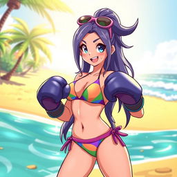 A character inspired by Pomni, in a vibrant beach setting, wearing a colorful bikini while boxing
