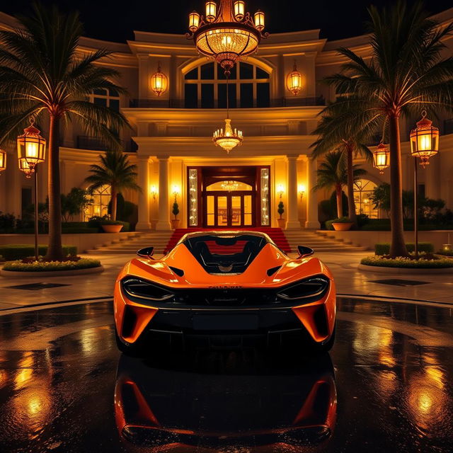 A wide-angle shot capturing the grand circular driveway of a luxurious hotel at night, illuminated by warm golden lights cascading from ornate chandeliers and lanterns