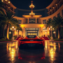 A wide-angle shot capturing the grand circular driveway of a luxurious hotel at night, illuminated by warm golden lights cascading from ornate chandeliers and lanterns