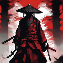 This is a striking image of a ronin samurai in traditional attire with a rice hat, rendered in a bold palette of black and red