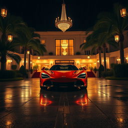 A wide-angle shot capturing the grand circular driveway of a luxurious hotel at night, illuminated by warm golden lights cascading from ornate chandeliers and lanterns
