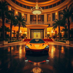 A wide-angle shot capturing the grand circular driveway of a luxurious hotel at night, illuminated by warm golden lights cascading from ornate chandeliers and lanterns