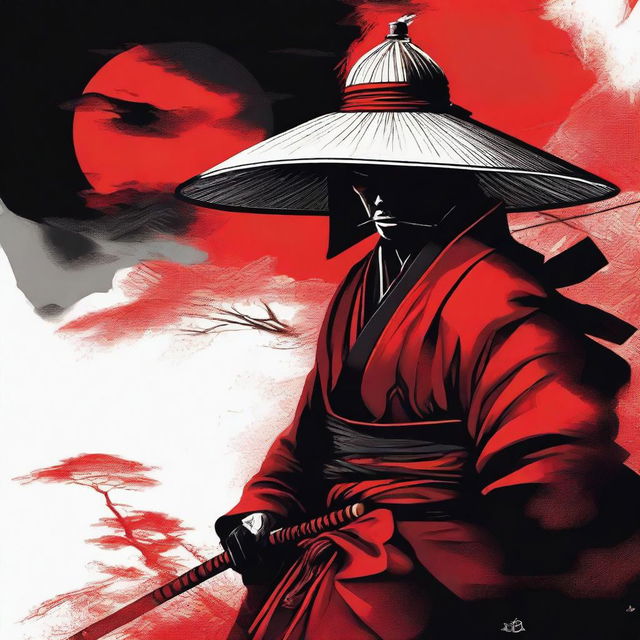 This is a striking image of a ronin samurai in traditional attire with a rice hat, rendered in a bold palette of black and red