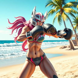 A dynamic scene showcasing a Transformer character, Arcee, depicted as a humanoid figure with sleek, futuristic robotic features