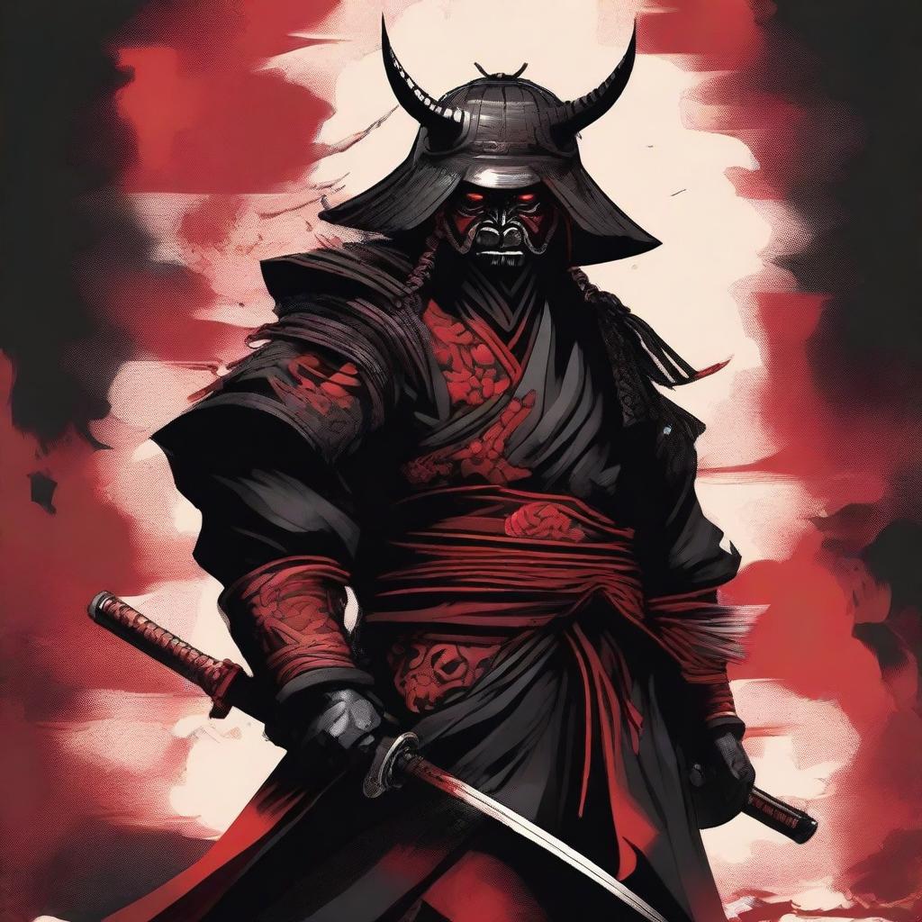 This is a striking image of a ronin samurai, donned in traditional attire with a rice hat and an imposing Oni mask, rendered in a bold palette of black and red