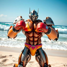 A muscular transformer robot in an intense boxing pose on a sunny beach, wearing vibrant bikini-style clothing, with colorful boxing gloves