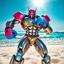 A muscular transformer robot in an intense boxing pose on a sunny beach, wearing vibrant bikini-style clothing, with colorful boxing gloves