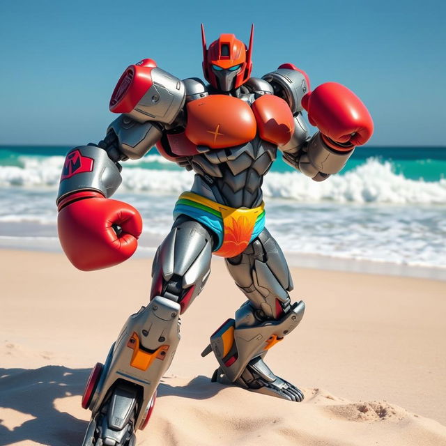 A muscular transformer robot in an intense boxing pose on a sunny beach, wearing vibrant bikini-style clothing, with colorful boxing gloves