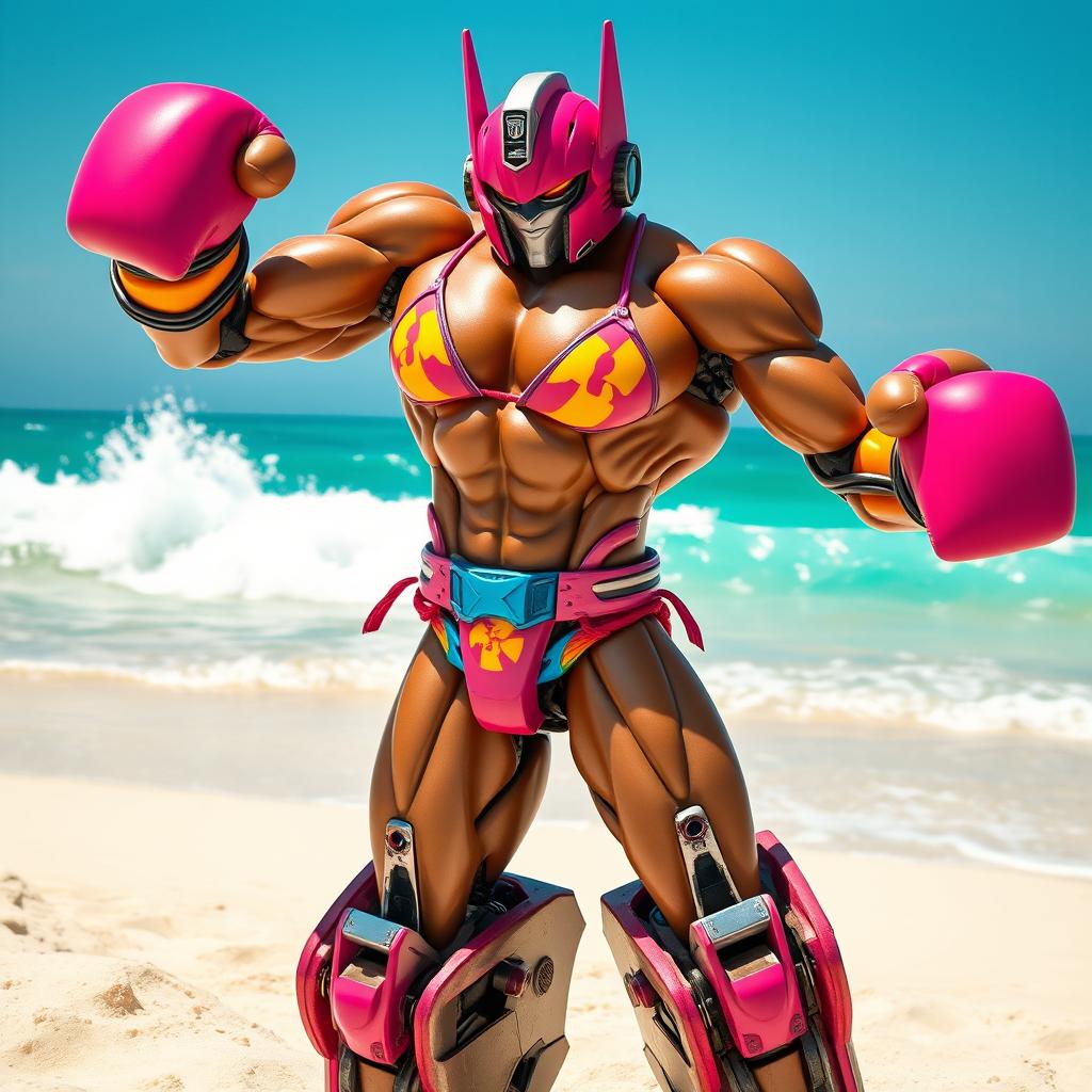 A muscular transformer robot in an intense boxing pose on a sunny beach, wearing vibrant bikini-style clothing, with colorful boxing gloves